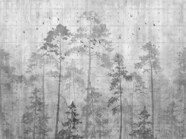Parete grigia con alberi e uccelli Parete grigia con alberi e uccelli