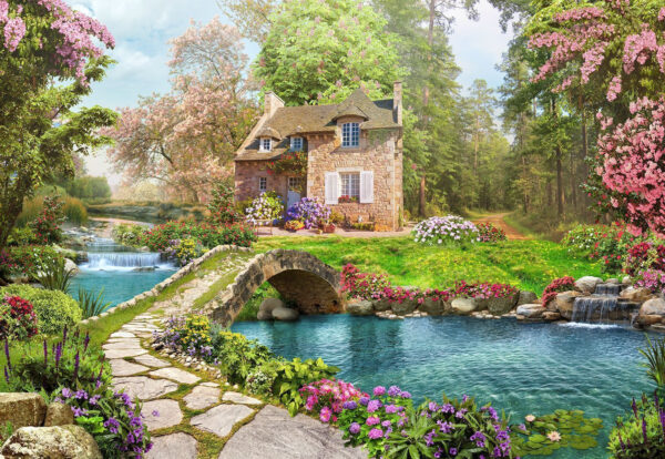 Ponte di pietra su uno stagno con casa e alberi Ponte di pietra su uno stagno con casa e alberi