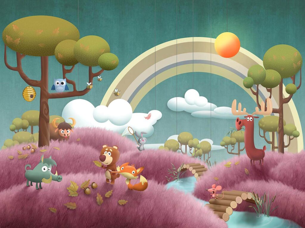 Scena di cartone animato con animali e un fiume u62475p 1024x768 - Scena di cartone animato con animali e un fiume - tegory