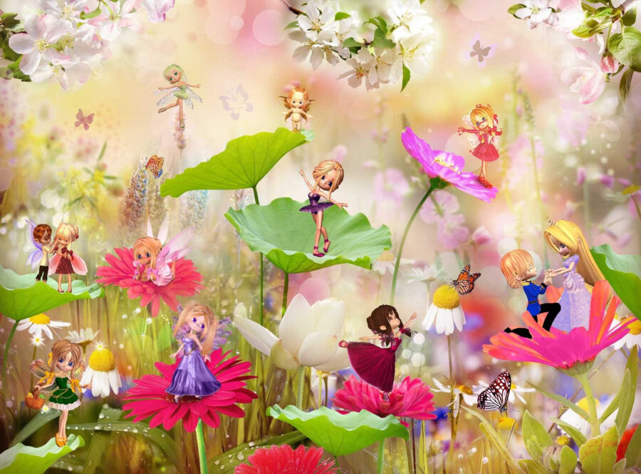 Gruppo di fate dei cartoni animati su fiori