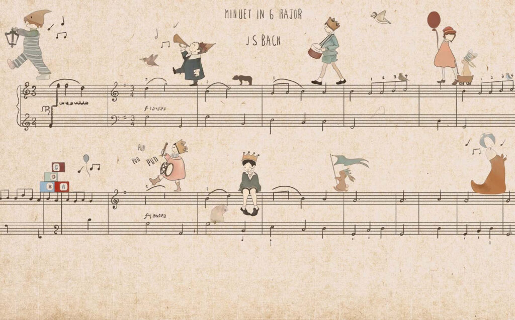 Foglio di musica con disegni di persone che suonano strumenti Foglio di musica con disegni di persone che suonano strumenti