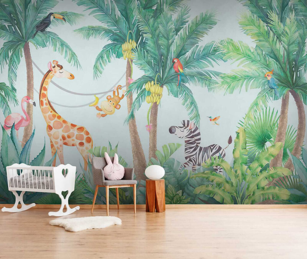 Giraffe and zebra in a jungle