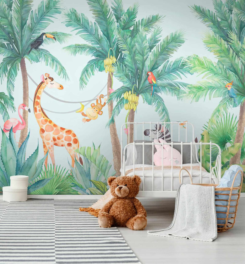 Giraffe and zebra in a jungle