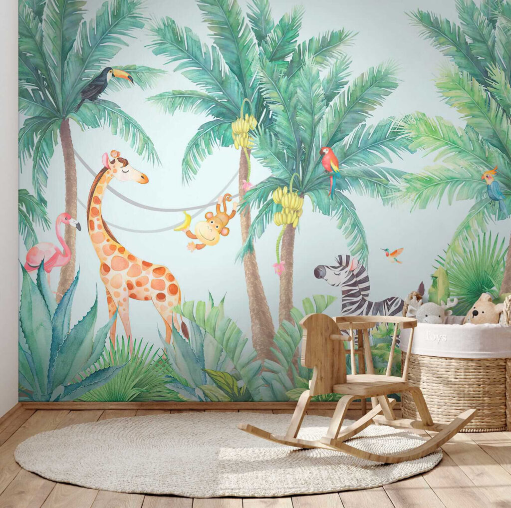 Giraffe and zebra in a jungle