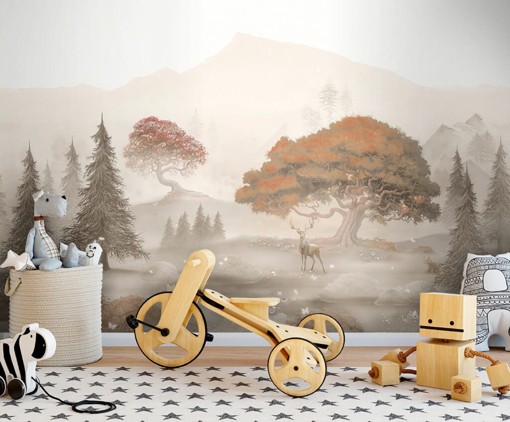 u62117pir2 1024x847 - Pittura di una foresta con alberi e montagne - tegory