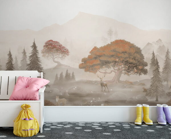 Pittura di una foresta con alberi e montagne Pittura di una foresta con alberi e montagne