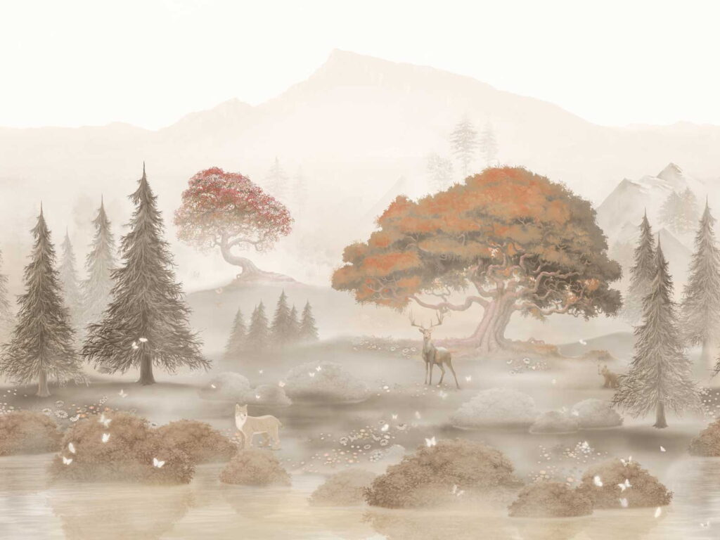 Pittura di una foresta con alberi e montagne Pittura di una foresta con alberi e montagne