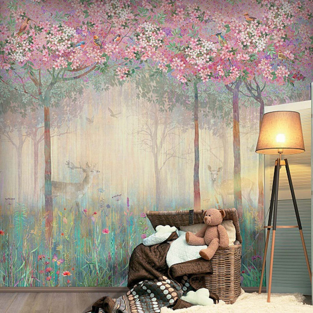 Painting of a forest with trees and flowers