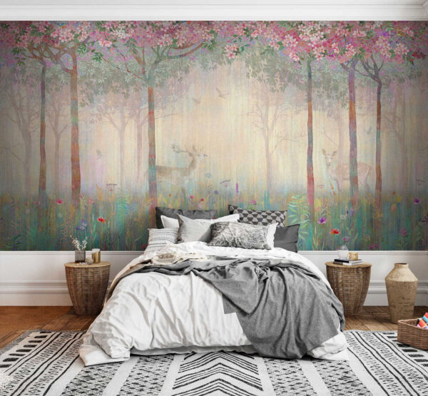 Painting of a forest with trees and flowers