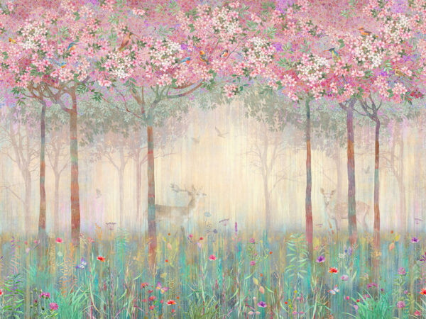 Painting of a forest with trees and flowers