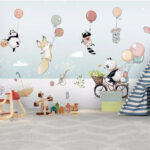 Carta da parati Cartone animato di animali in bicicletta