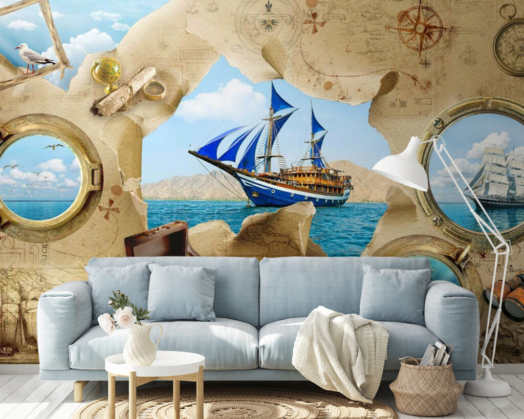 Pirate treasure map with a ship in the water