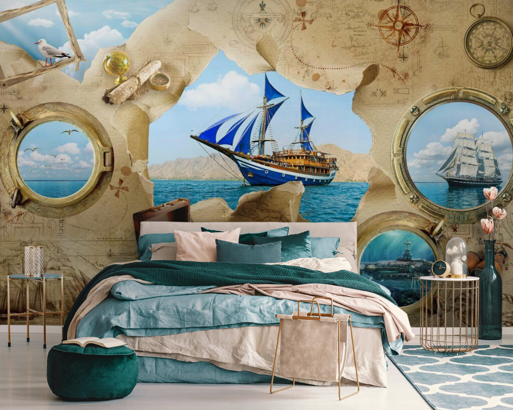 Pirate treasure map with a ship in the water