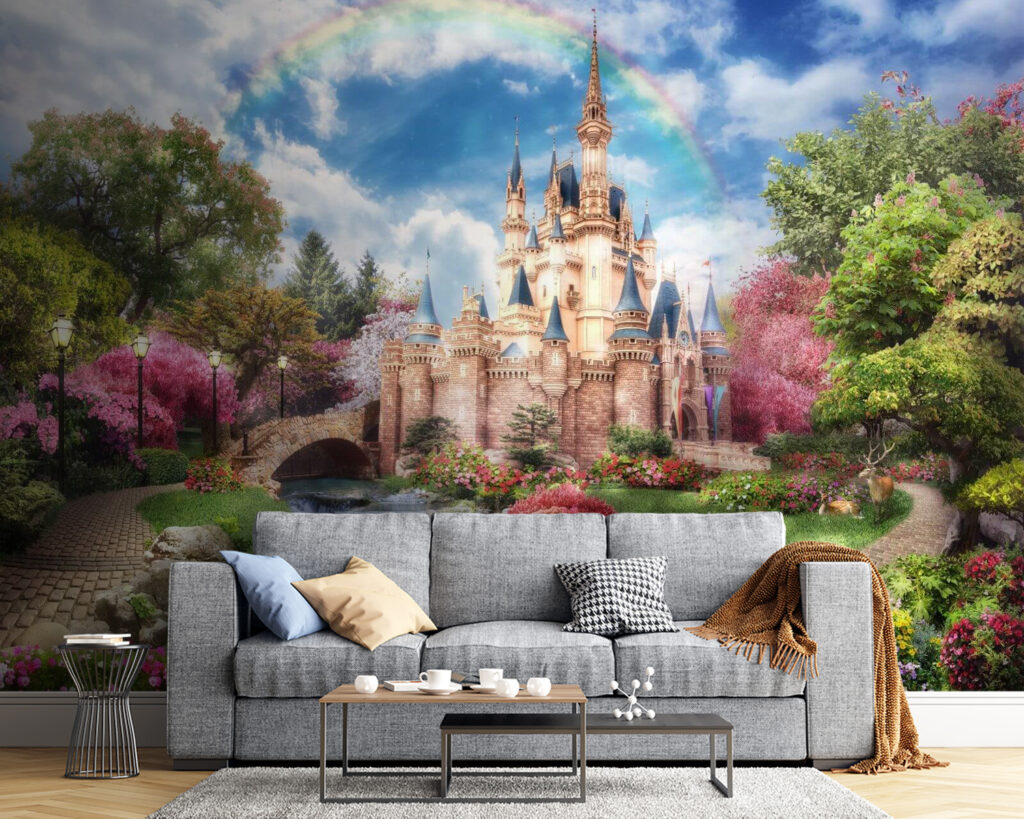 Castle with a pond and a rainbow