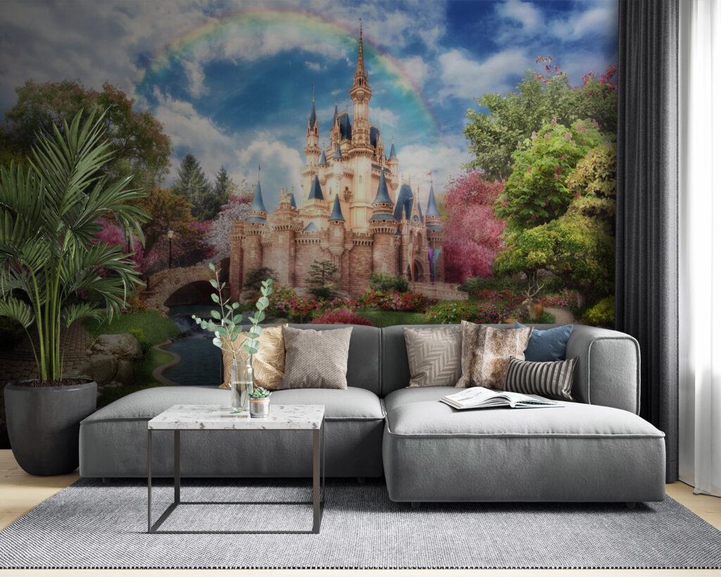 Castle with a pond and a rainbow