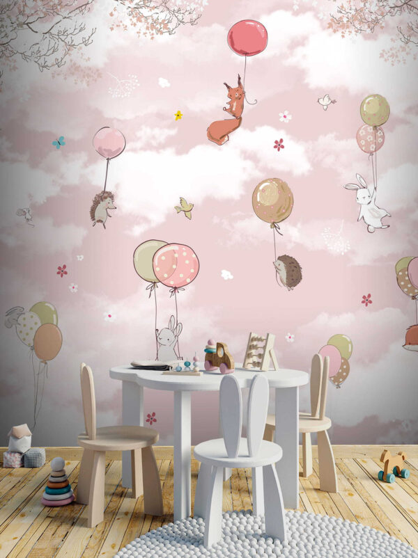 Gruppo di animali che volano con palloncini nel cielo Gruppo di animali che volano con palloncini nel cielo