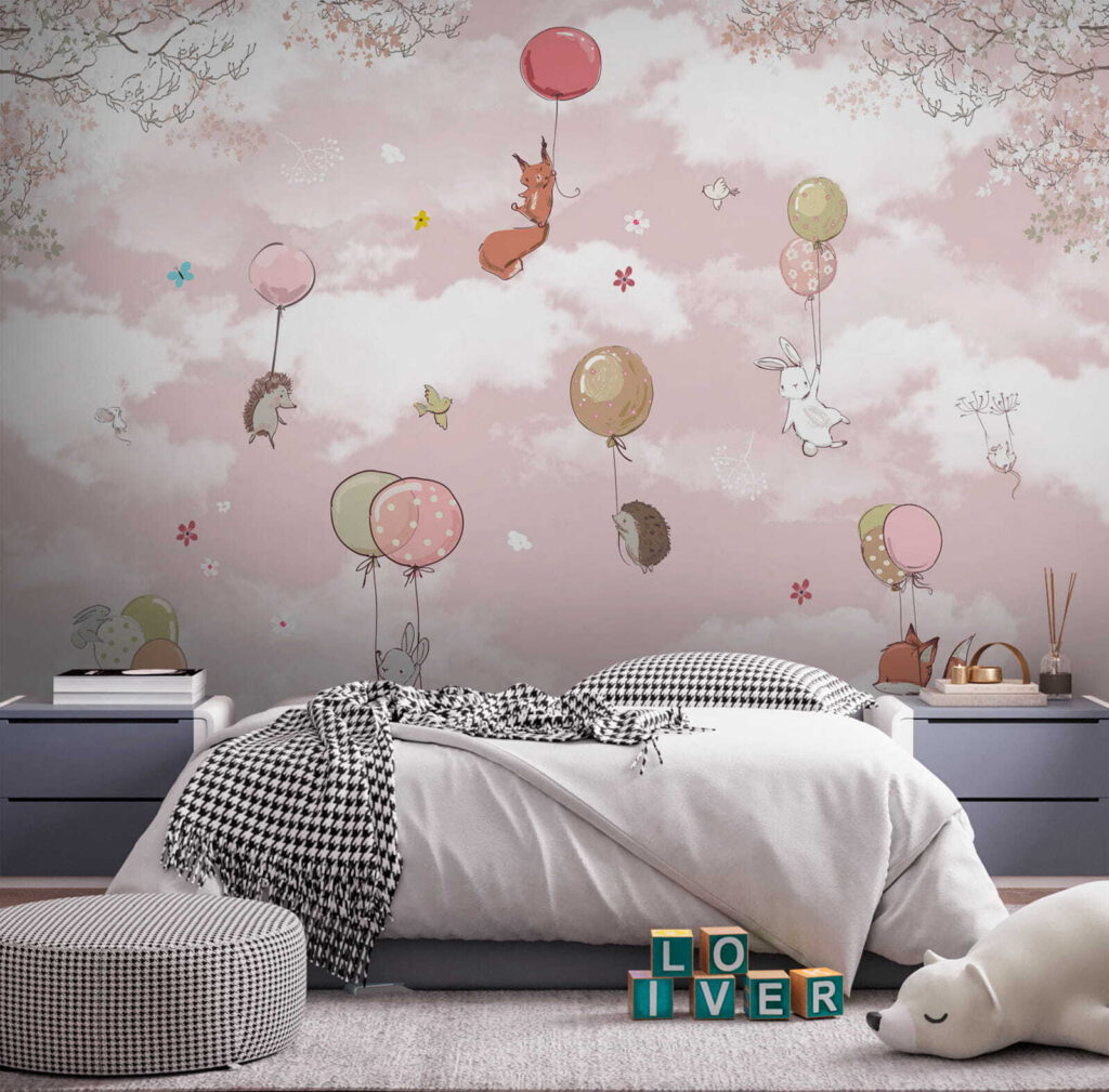 Group of animals flying with balloons in the sky