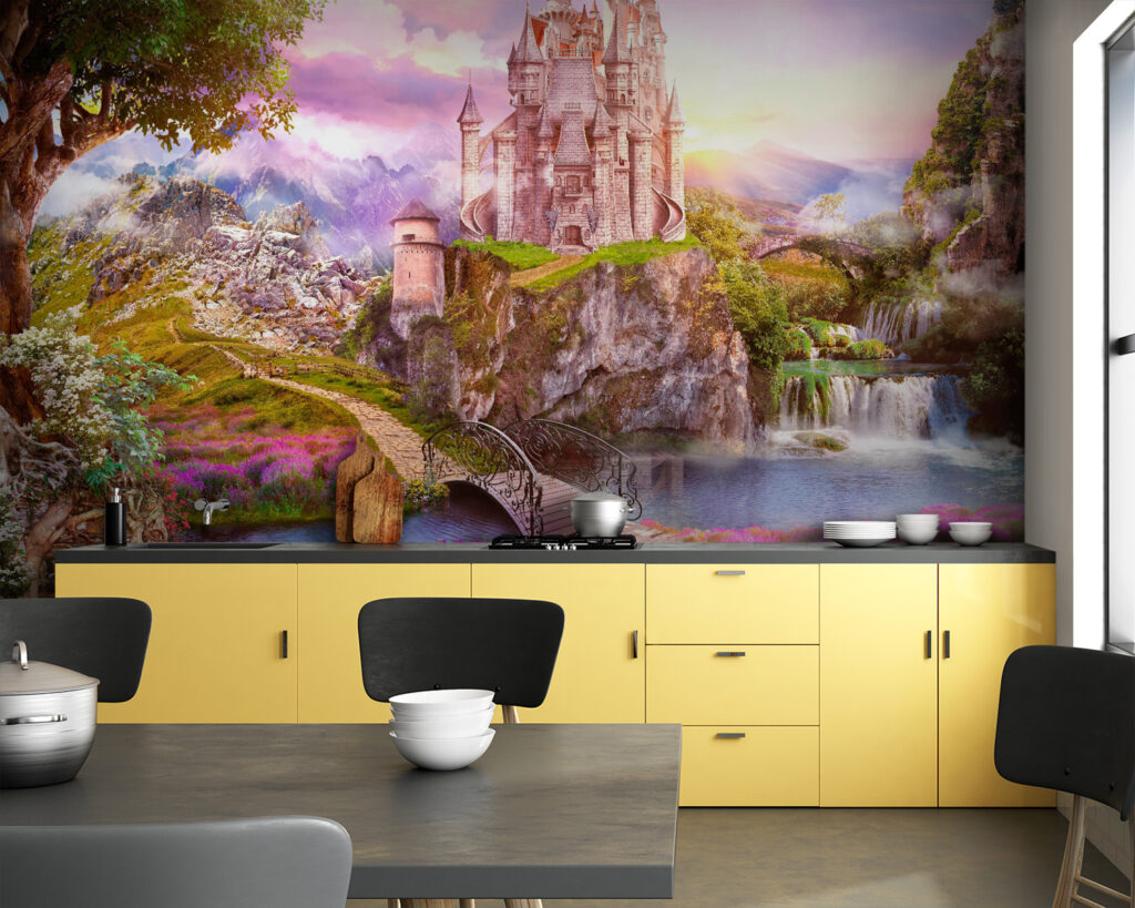 Castle on a cliff with a waterfall and a bridge Castle on a cliff with a waterfall and a bridge