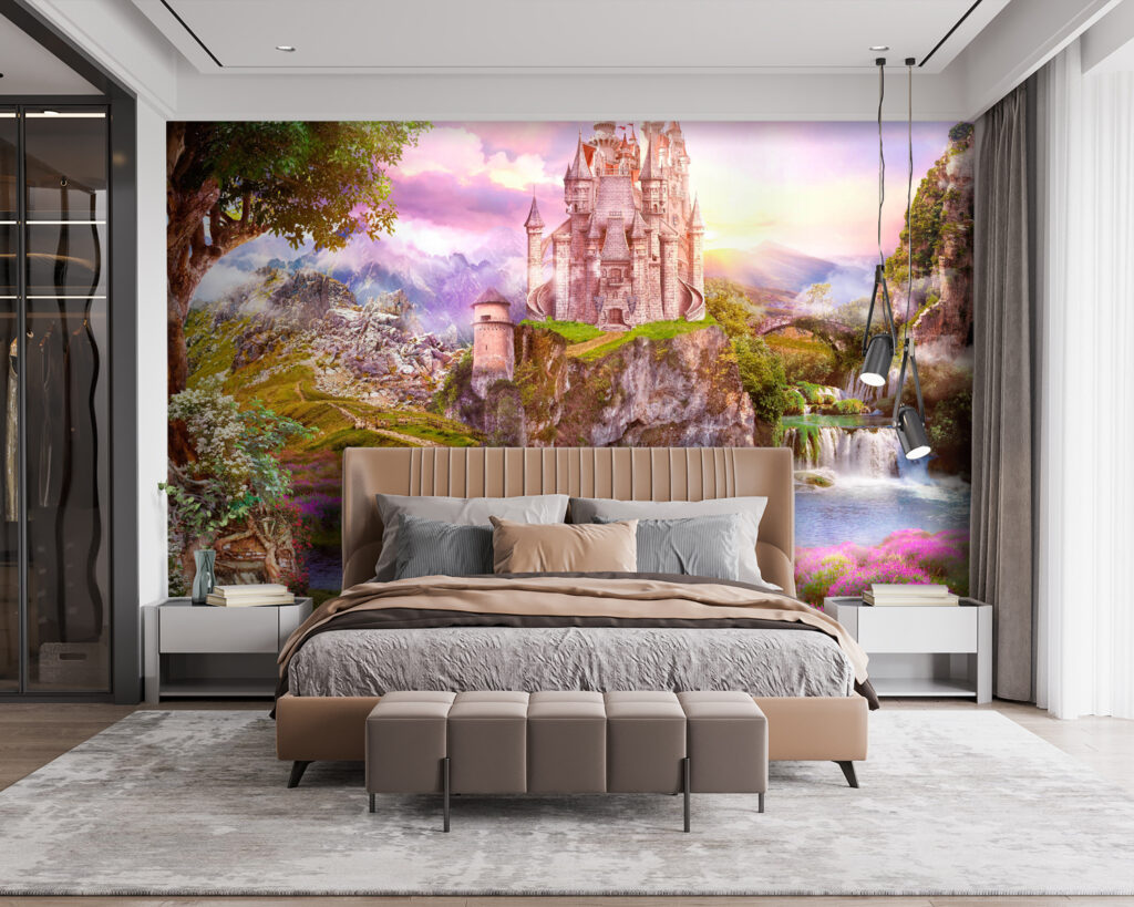 Castle on a cliff with a waterfall and a bridge Castle on a cliff with a waterfall and a bridge