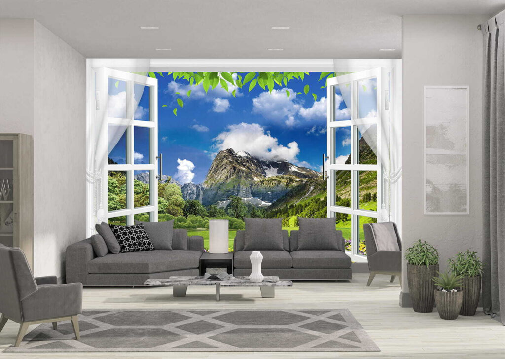Window with a view of a mountain range and trees Window with a view of a mountain range and trees