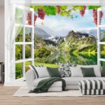 Carta da parati Finestra con vista su lago e montagne