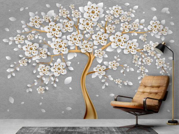 Albero con fiori e foglie bianche Albero con fiori e foglie bianche