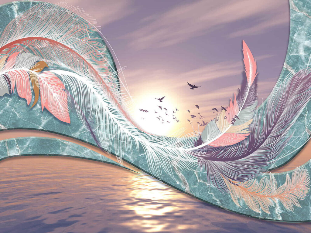 Piume colorate e uccelli che volano sull'acqua Piume colorate e uccelli che volano sull'acqua