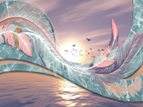 Piume colorate e uccelli che volano sull'acqua Piume colorate e uccelli che volano sull'acqua