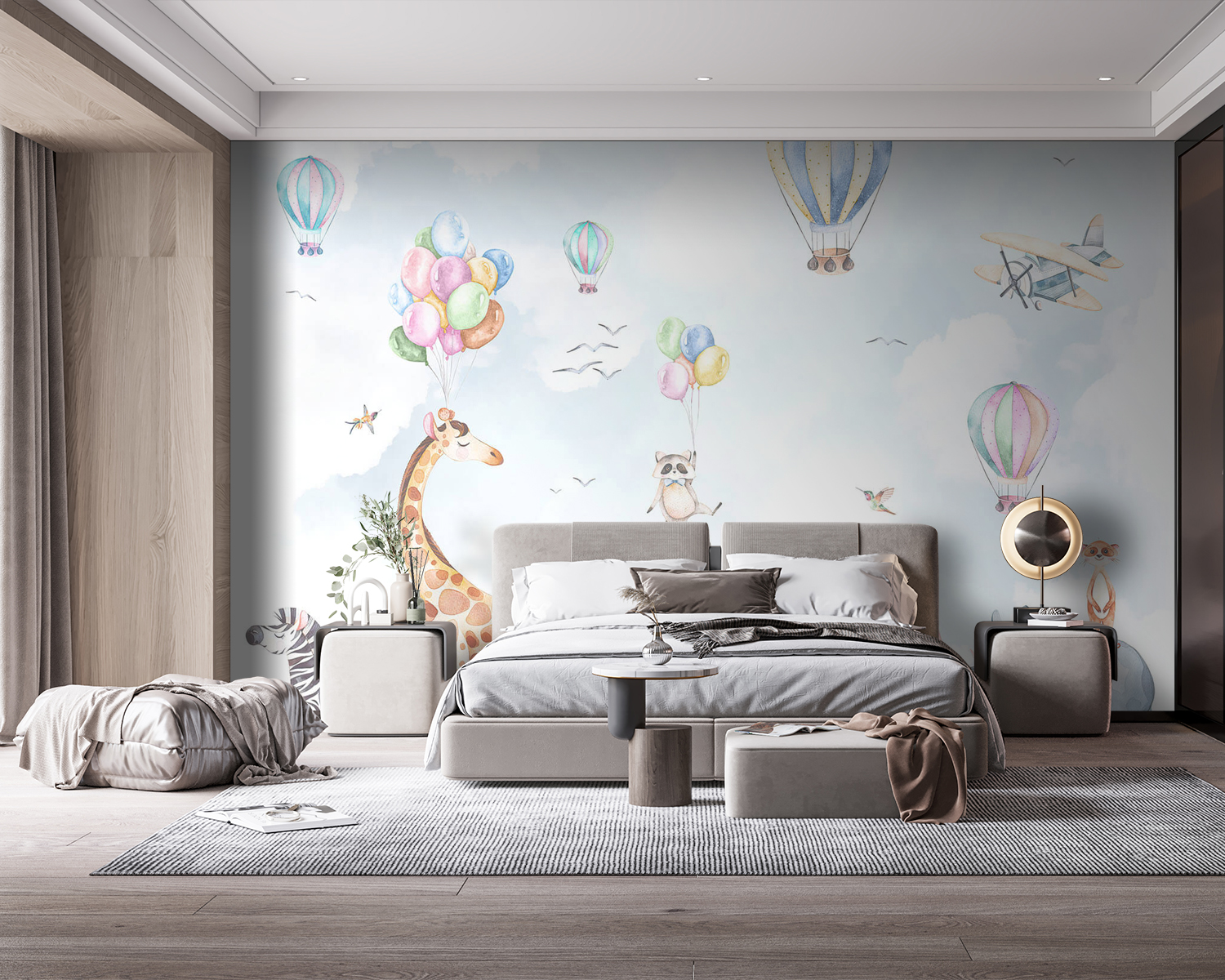 Watercolor of animals and balloons