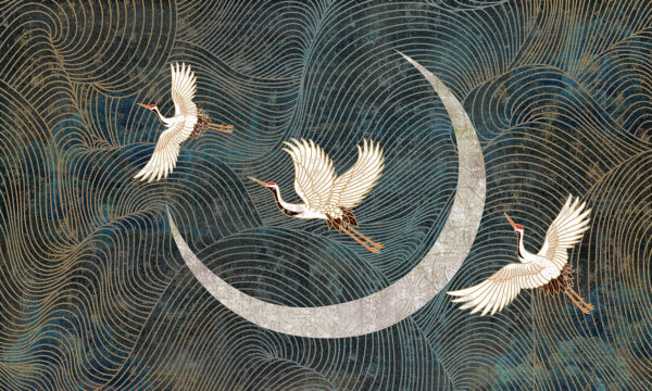 Pittura di uccelli che volano su una luna crescente Pittura di uccelli che volano su una luna crescente