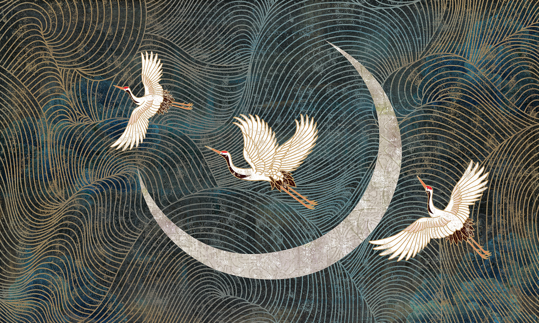 Painting of birds flying over a crescent moon