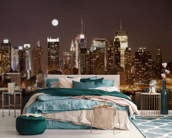 Lo skyline della città di notte con la luna in cielo Lo skyline della città di notte con la luna in cielo