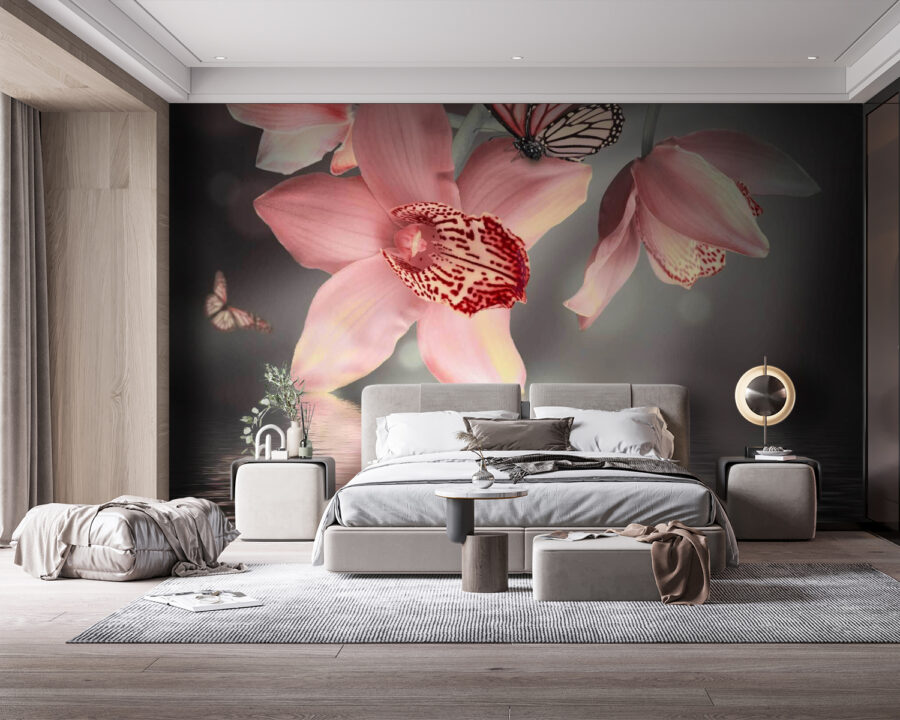 Orchidee rosa e farfalle su un ramo