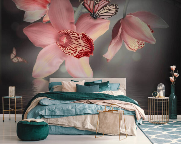 Orchidee rosa e farfalle su un ramo Orchidee rosa e farfalle su un ramo