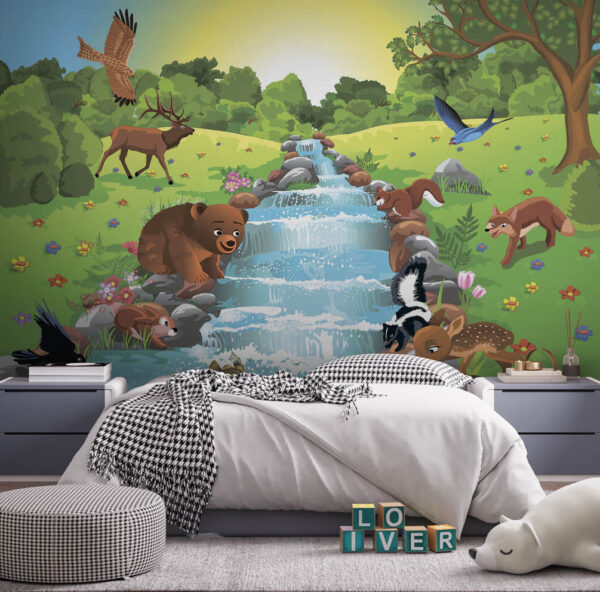 Carta da parati Carta da parati Cartone animato di animali in un ruscello (COD: u55792)