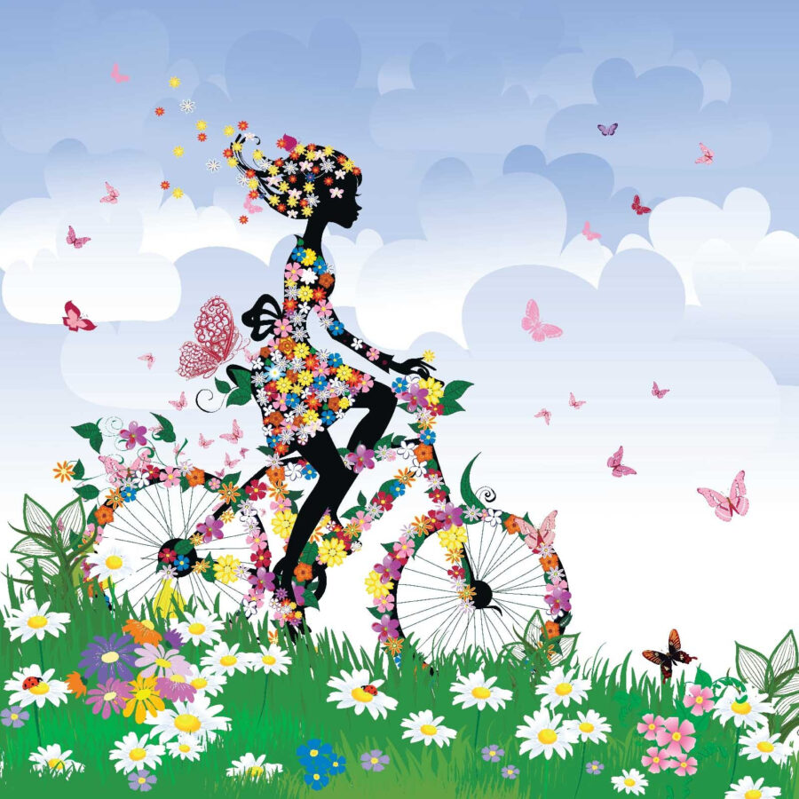 Donna in bicicletta con fiori Donna in bicicletta con fiori