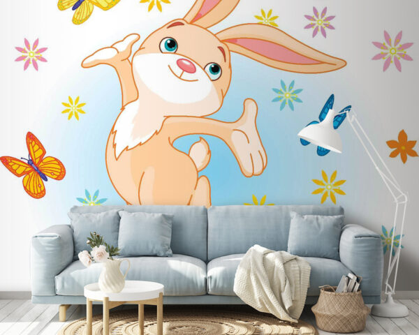 Carta da parati Carta da parati Cartone animato di un coniglio che salta in aria con le farfalle (COD: u54469)