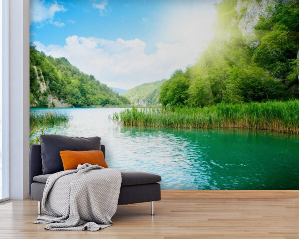 Corpo d'acqua con erba e alberi intorno Corpo d'acqua con erba e alberi intorno