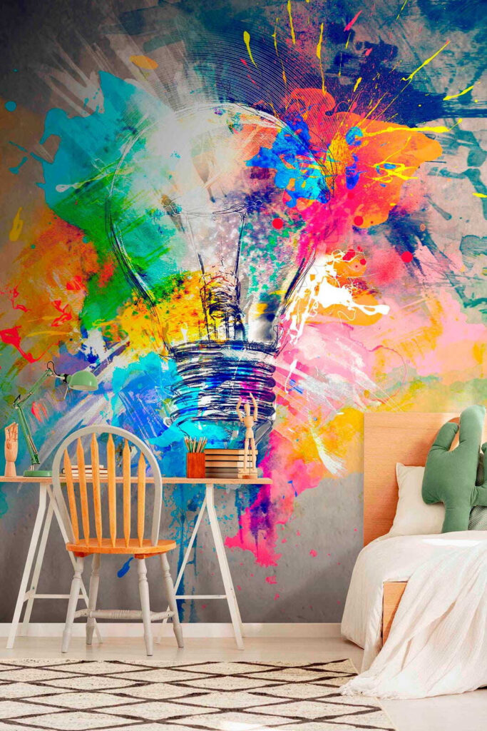 Light bulb with colorful paint splatters