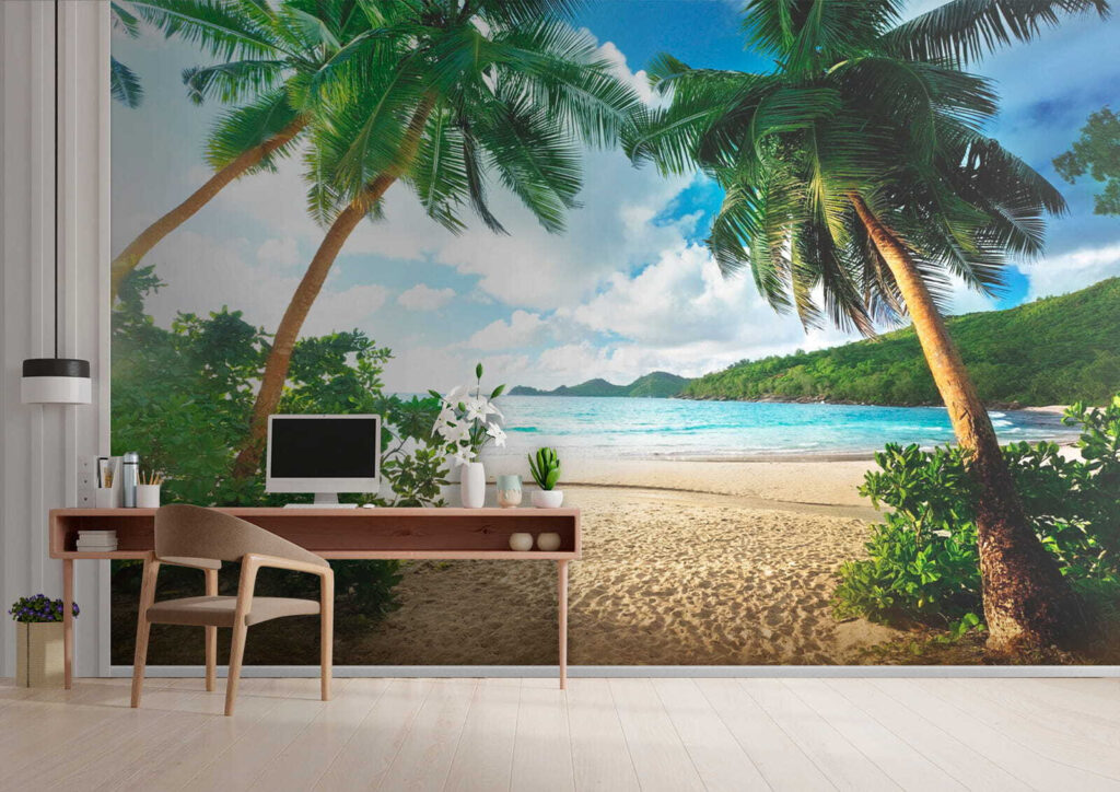 Beach with palm trees and blue water Beach with palm trees and blue water