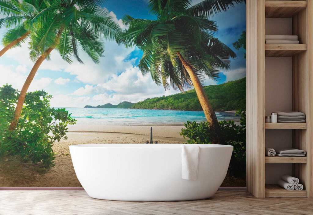 Beach with palm trees and blue water Beach with palm trees and blue water