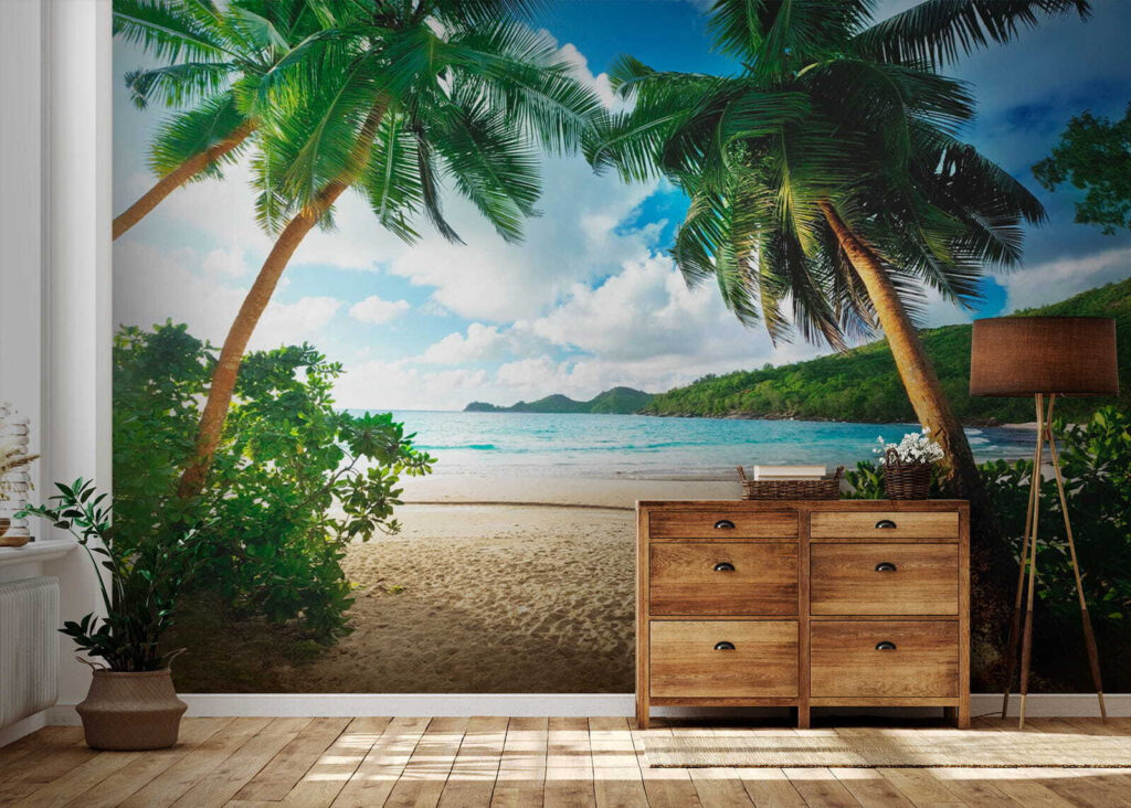 Beach with palm trees and blue water Beach with palm trees and blue water