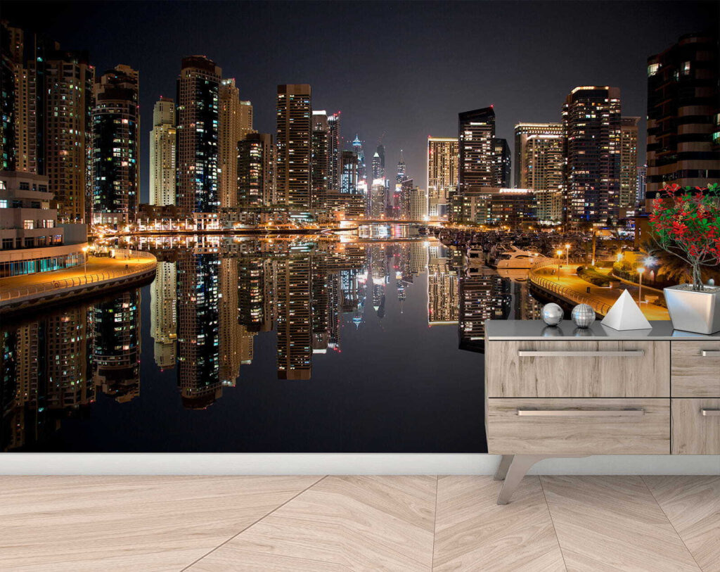 City skyline with lights reflecting on water