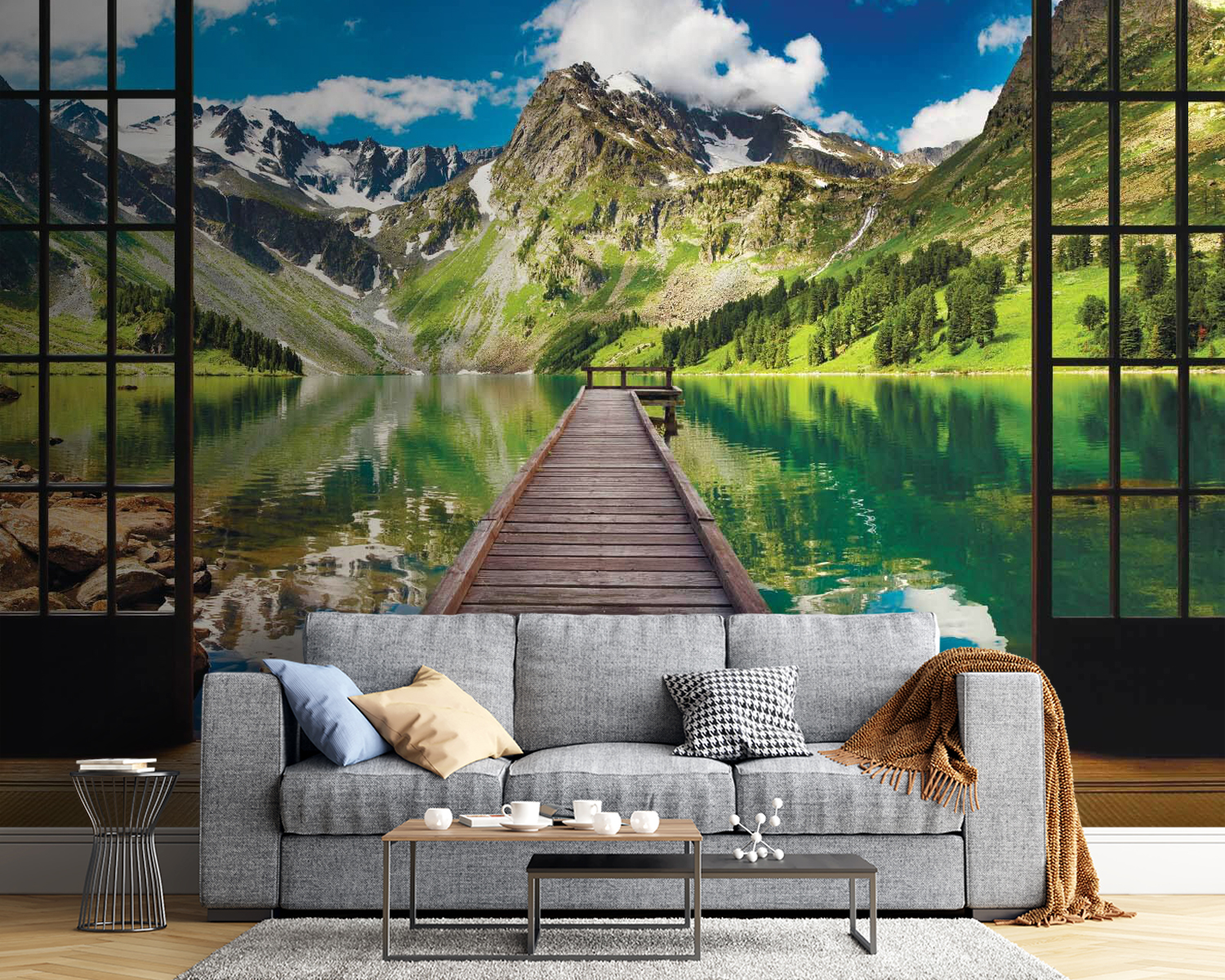 View of a lake from a room with a wooden dock and mountains View of a lake from a room with a wooden dock and mountains