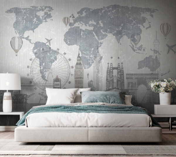 Map of the world with buildings and a ferris wheel Map of the world with buildings and a ferris wheel