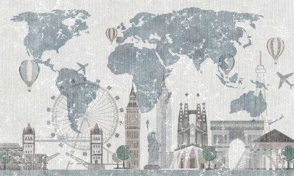 Map of the world with buildings and a ferris wheel Map of the world with buildings and a ferris wheel