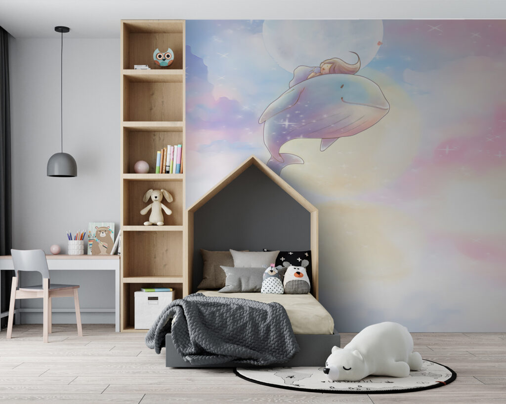 Cartoon of a girl riding a whale