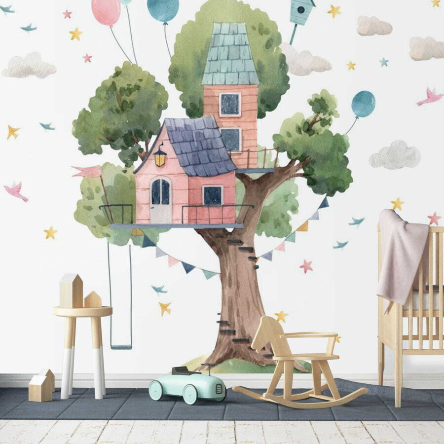 Pittura ad acquerello di una casa sull'albero