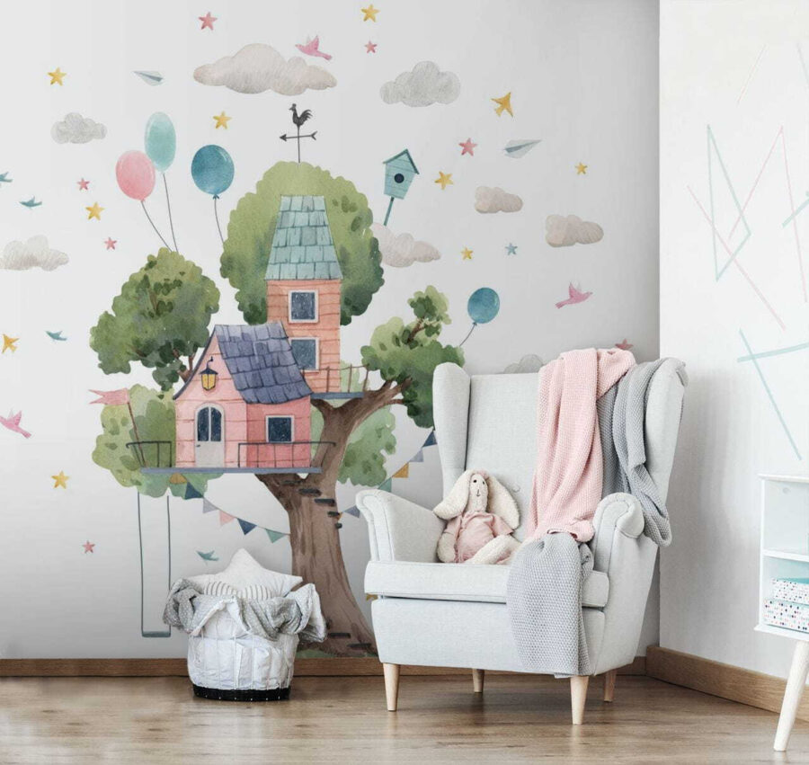 Pittura ad acquerello di una casa sull'albero