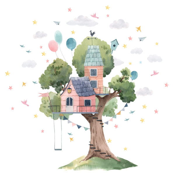 Pittura ad acquerello di una casa sull'albero Pittura ad acquerello di una casa sull'albero